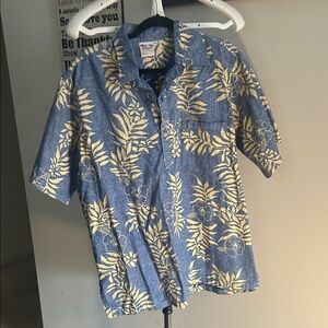 Reyn Spooner Blue and Cream Leaf Print Shirt